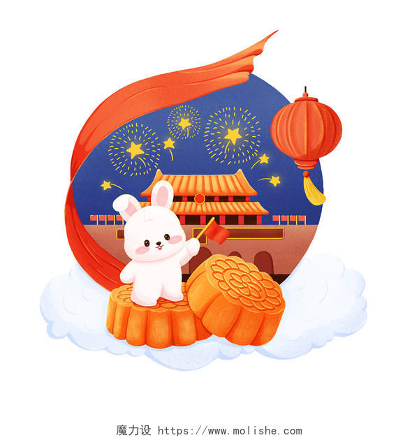 红色喜庆中秋节国庆节月饼兔子卡通插画中秋和国庆插画